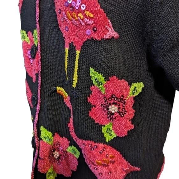 Vtg. Pink flamingos flowers beaded/sequined Black knit short sleeve cardigan XL - Picture 3 of 12